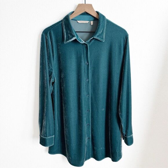 Soft Surroundings Top Womens Large Blue Velvet Button Up Stretch‎ Comfort Artsy - Picture 1 of 12